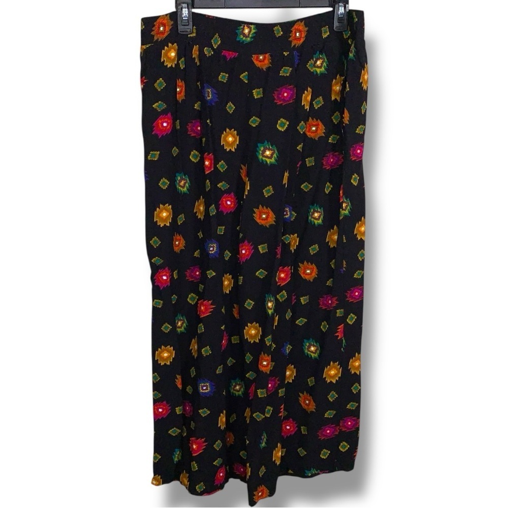 Vintage Size 14 Chaus Black Colorful Western Southwestern Print Pants Wide Leg